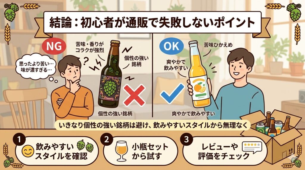 個性の強い銘柄(NG)と苦味ひかえめで飲みやすいスタイル(OK)を比較し、通販初心者が失敗しないための3ポイントをまとめたイラスト