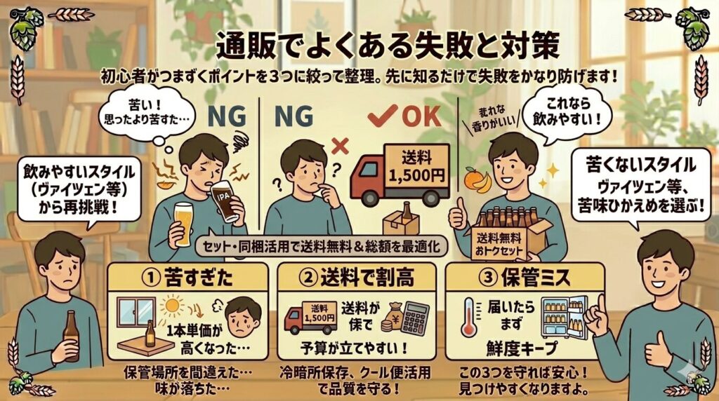 クラフトビール通販でよくある3つの失敗(苦すぎた・送料で割高・保管ミス)と対策をまとめた初心者向け解説イラスト