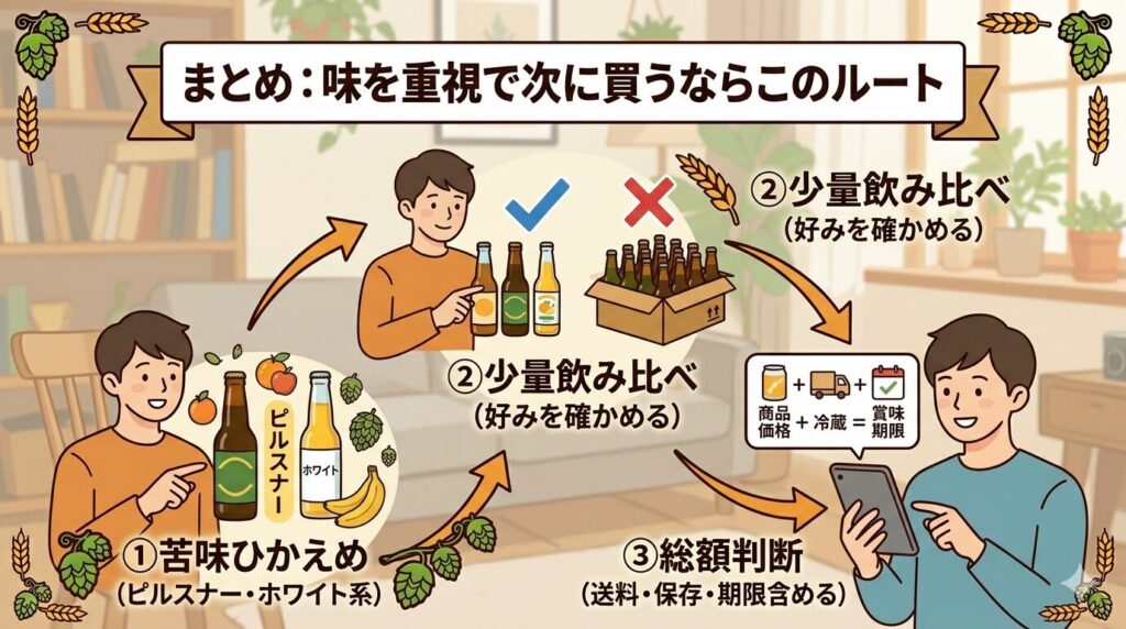 クラフトビール通販で味を重視して選ぶ3ステップの図解。①苦味ひかえめ(ピルスナー・ホワイト系)②少量飲み比べ③送料込み総額で判断