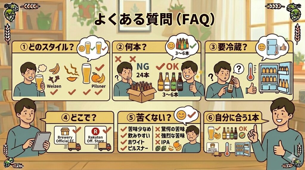 クラフトビール通販に関するよくある質問6項目(スタイル・本数・冷蔵・購入先・苦味・選び方)をイラストで解説した図