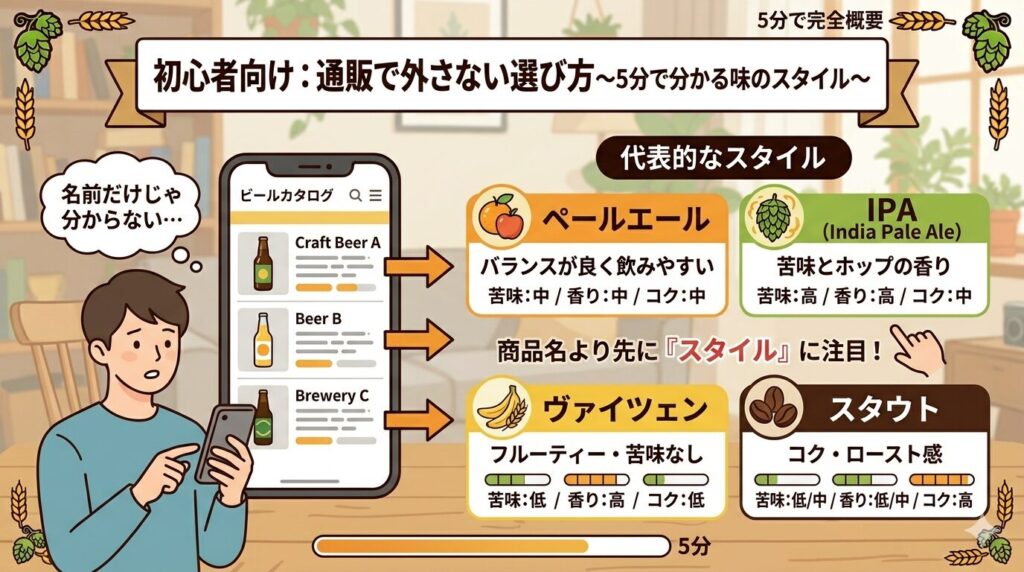 通販クラフトビールの選び方を5分で解説するスマートフォン画面とスタイル別特徴図。ペールエール・IPA・ヴァイツェン・スタウトを比較