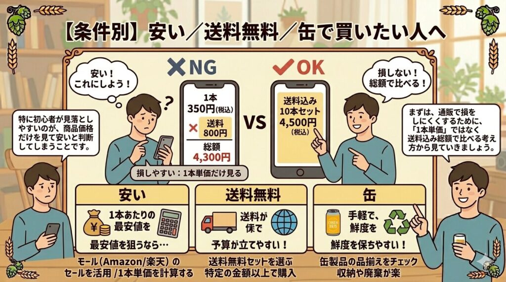 クラフトビール通販で安く買うための条件別ガイド。1本単価と送料込み総額の比較、送料無料・缶製品の選び方をNG・OK形式で図解
