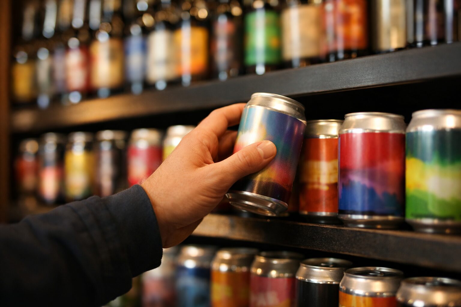 クラフトビールが並ぶ店の棚から一本を選ぶ手元。最初の1本選びをイメージした一枚。