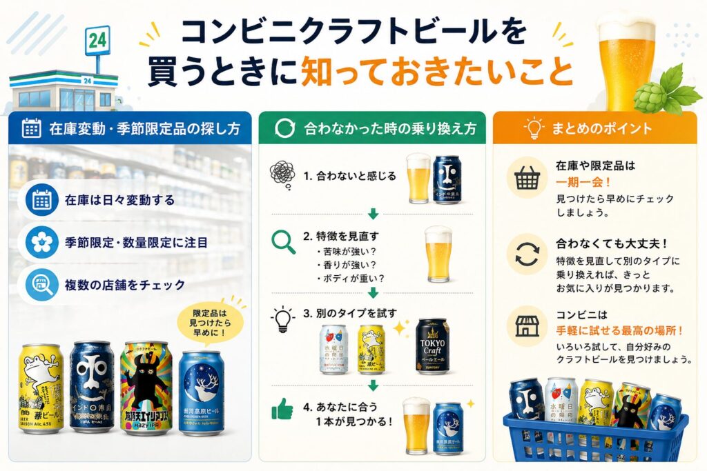 コンビニでクラフトビールを買うときに知っておきたいこと。在庫変動・季節限定品の探し方、合わなかった時の乗り換え方をフロー形式で解説
