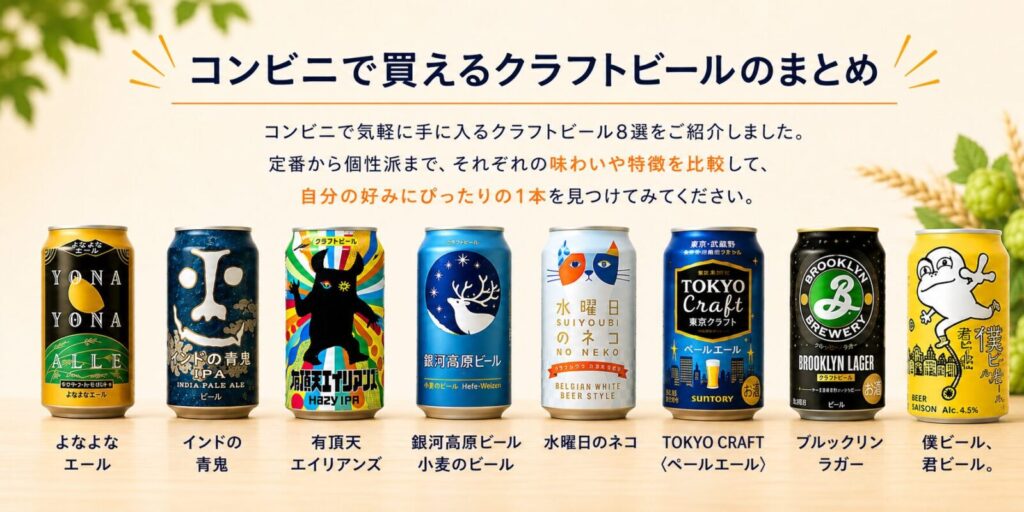 コンビニで買えるクラフトビールおすすめ8選のまとめ。よなよなエール・インドの青鬼など全銘柄を並べ、定番から個性派まで幅広く紹介