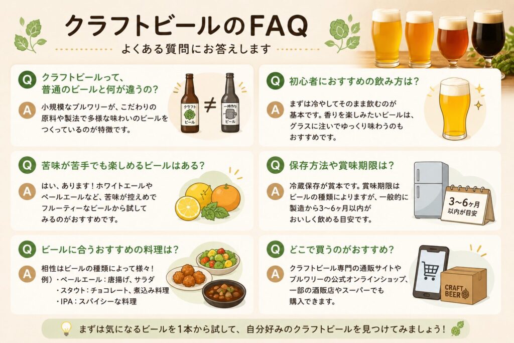 クラフトビールのよくある質問6項目をQ&A形式でまとめたFAQ。普通のビールとの違い・初心者の飲み方・保存方法・おすすめの買い方などを解説