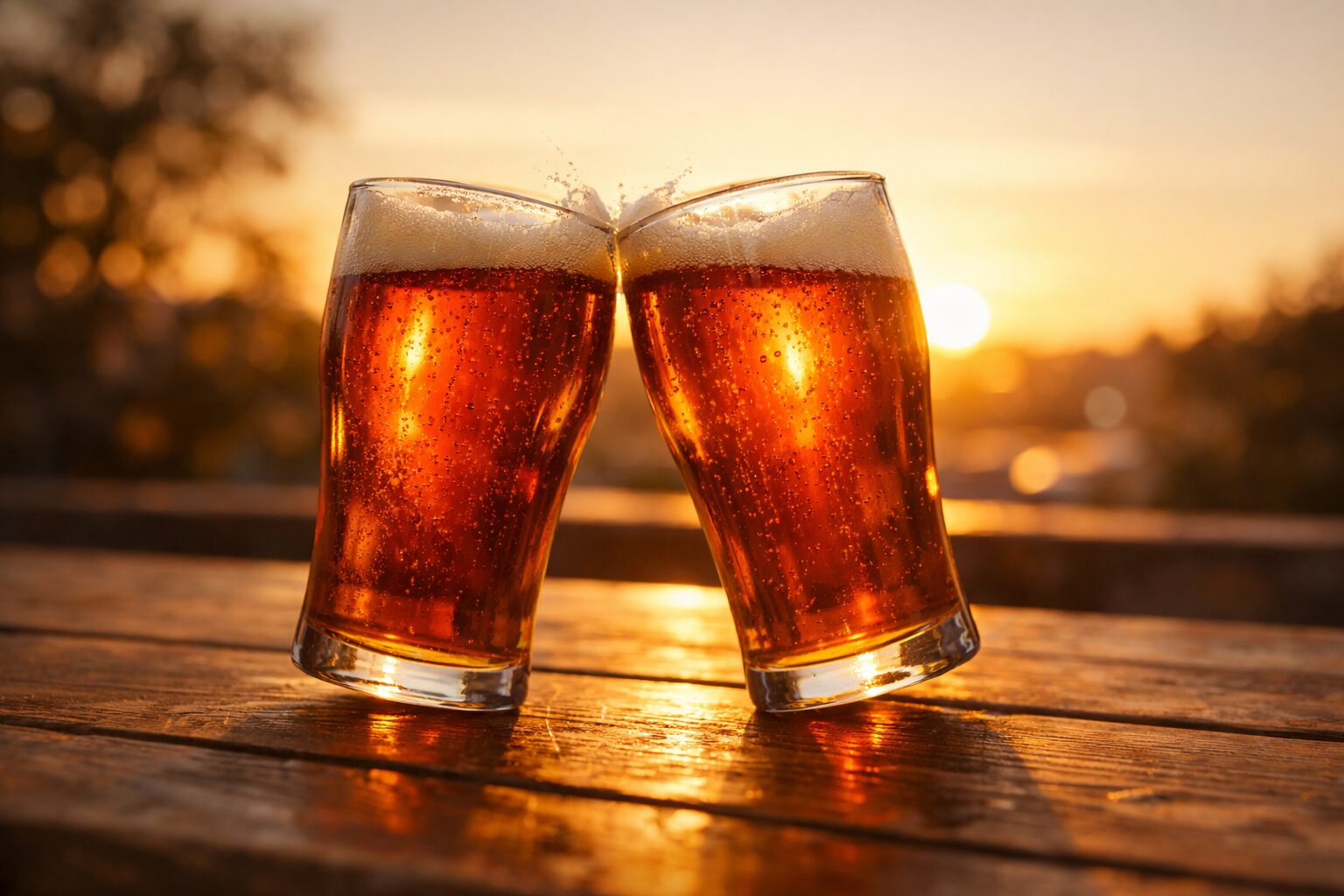 夕暮れの光の中で軽く合わせられた2杯の琥珀色のクラフトビール。記事の締めくくりとなる乾杯の一枚。