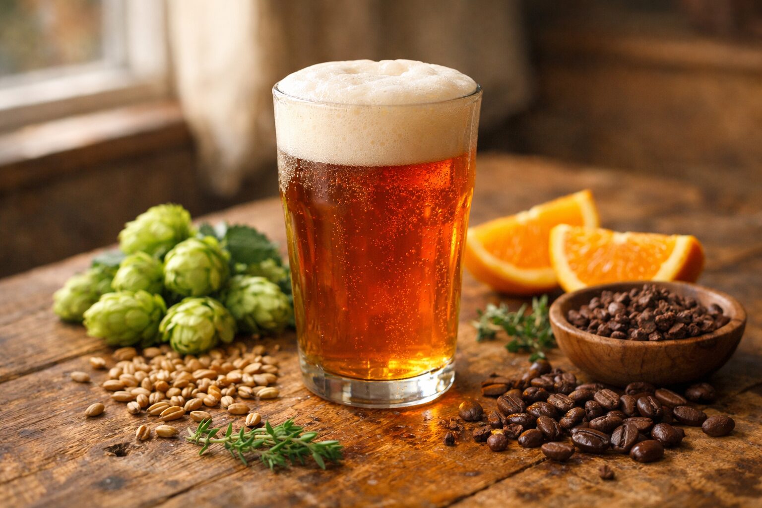 クラフトビールの自由な原材料を表す一枚。木のテーブルの琥珀色のビールを囲む、ホップ・麦芽・オレンジ・コーヒー豆・カカオ・ハーブ。