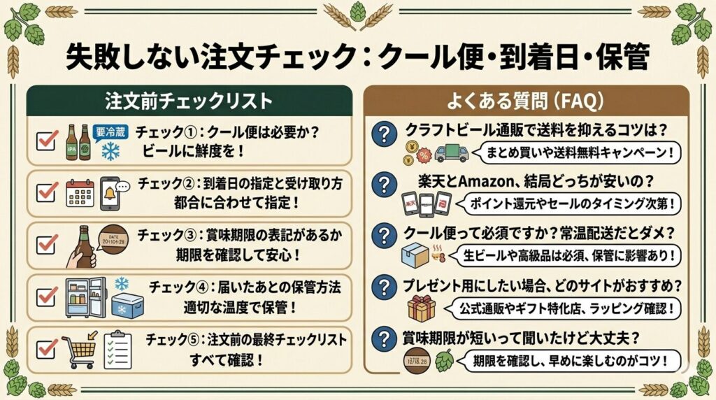 クラフトビール通販おすすめで失敗しないためのクール便要否・到着日指定・賞味期限・保管方法など注文前チェックリスト5項目と頻出FAQをまとめた図解