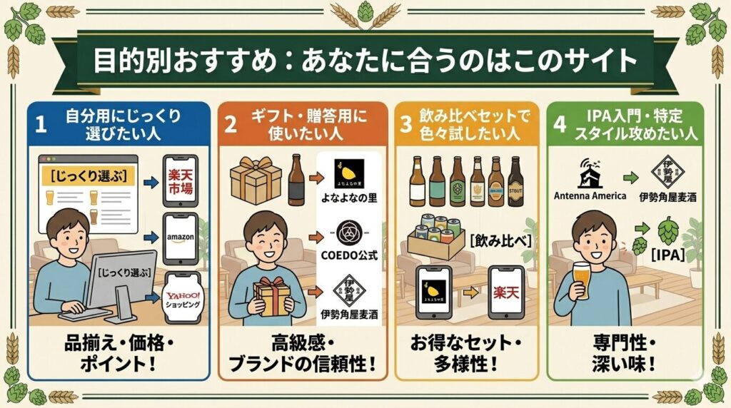 クラフトビール通販おすすめサイトを目的別に4タイプ(じっくり選ぶ・ギフト・飲み比べ・IPA特化)に分類し、具体的なサイト名を示した図解
