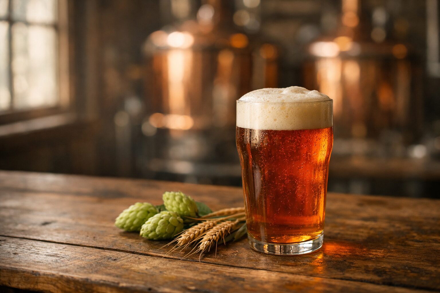 小さなクラフトビール醸造所の木のテーブルに置かれた、琥珀色のクラフトビールのグラスと銅製の仕込みタンク。職人が手づくりする雰囲気を伝える一枚。