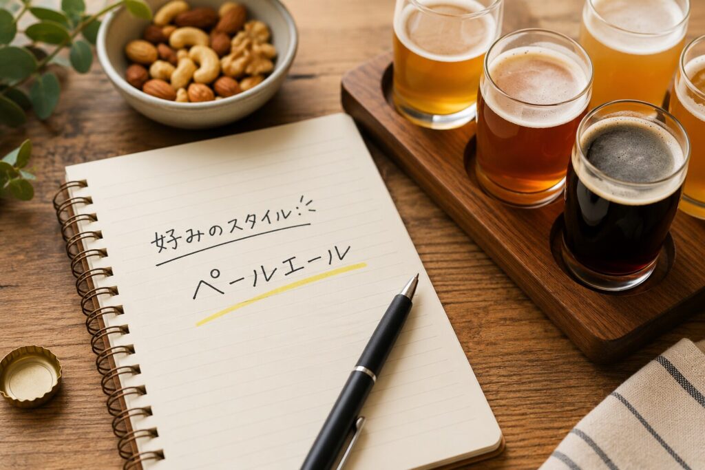 クラフトビールの飲み比べセットで好みのスタイルを見つけ、ノートにペールエールとメモしている