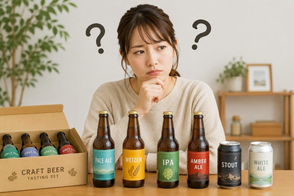 クラフトビールの飲み比べセットを前に、どれから飲むか迷っている女性