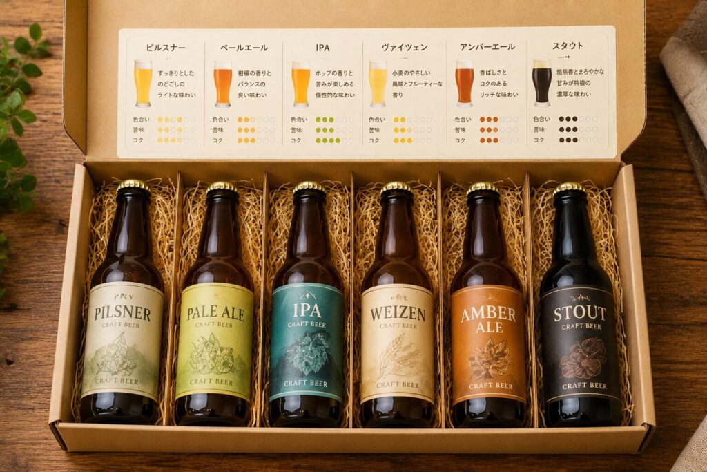 ピルスナー・ペールエール・IPA・ヴァイツェン・アンバーエール・スタウト6種が入ったクラフトビール飲み比べセットの開封箱