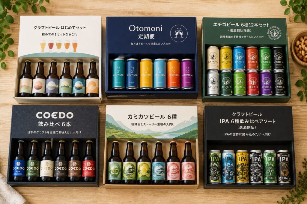 はじめてセット・Otomoni・エチゴビール・COEDO・カミカツビール・IPA6種アソートのクラフトビール飲み比べセット通販おすすめ6選を並べた比較