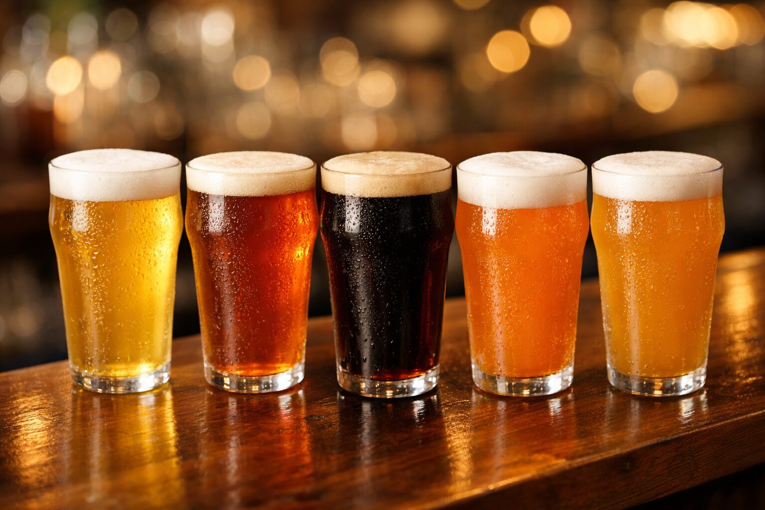 バーカウンターに並んだ、色の異なる数種類のクラフトビールのグラス。地ビールとクラフトビールの多様な個性を表す一枚。