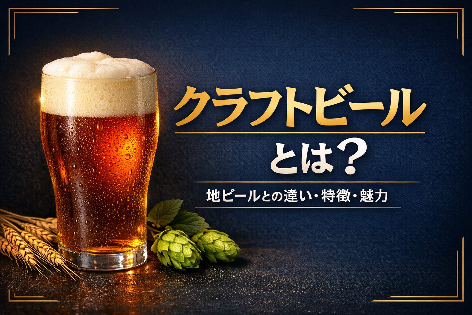クラフトビールとは何かを解説する記事のアイキャッチ画像。琥珀色のクラフトビールが注がれたグラスとホップをあしらった、紺色と金色基調のデザイン。