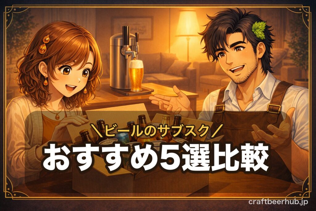 ビールのサブスクおすすめ5選を比較する記事のアイキャッチ。ビールサーバーと定期便の箱を囲んで、こはくと麦造がサーバー型と配送型の選び方を見比べている。