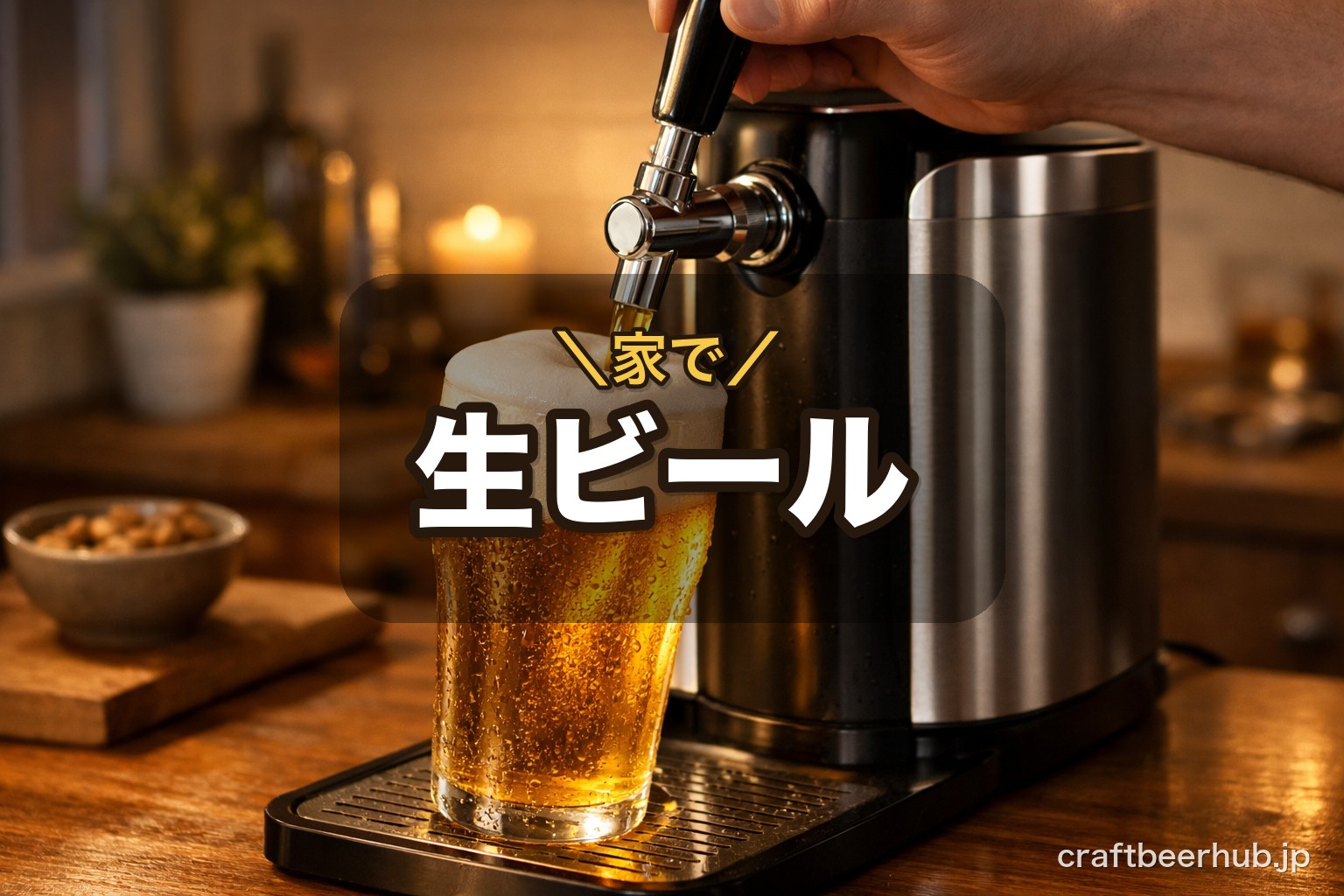 自宅でビールサーバーからグラスに生ビールを注ぐ様子