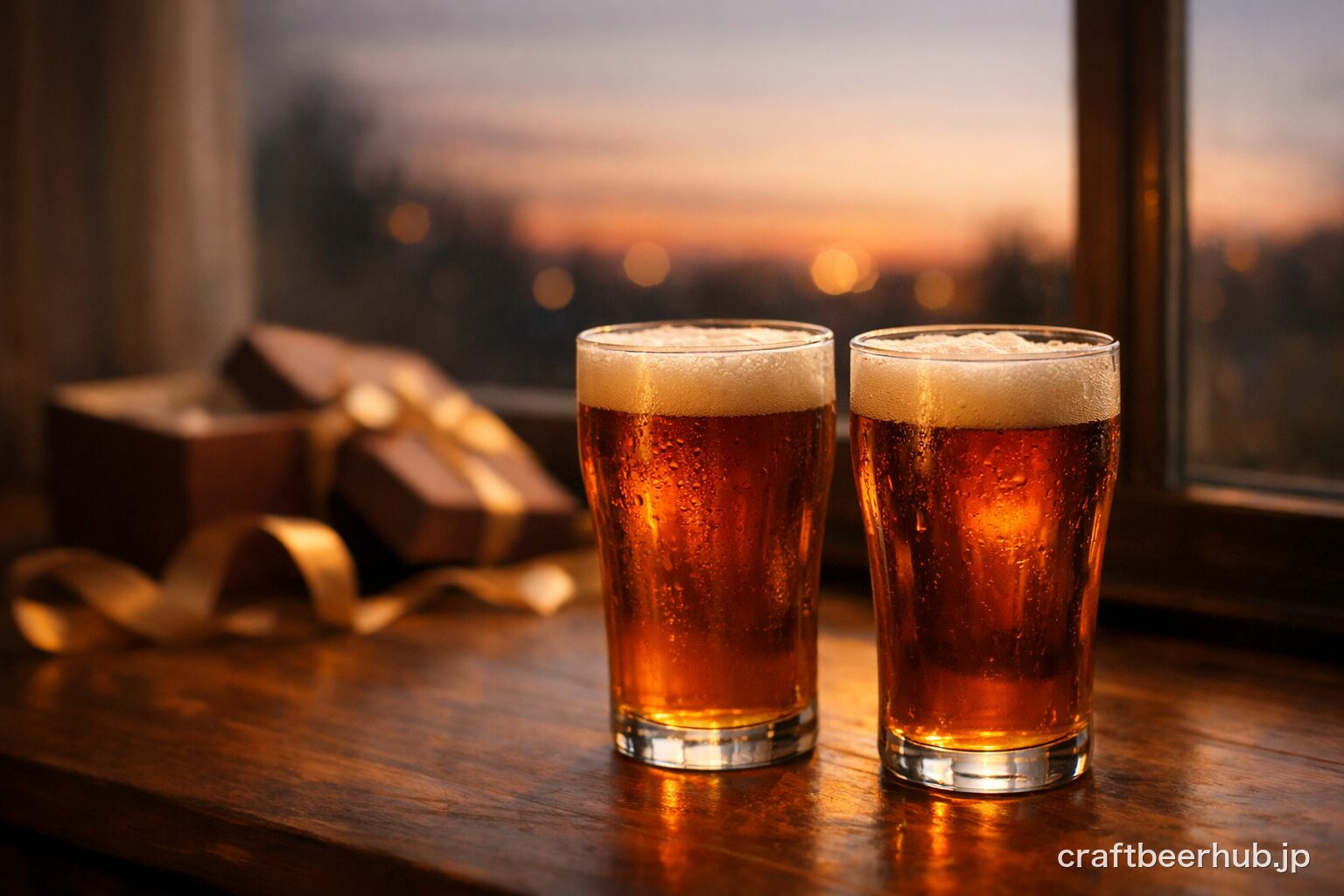 夕暮れの窓辺で琥珀色のビールが注がれたグラス2杯が寄り添う、贈り物の余韻を感じる静かな情景
