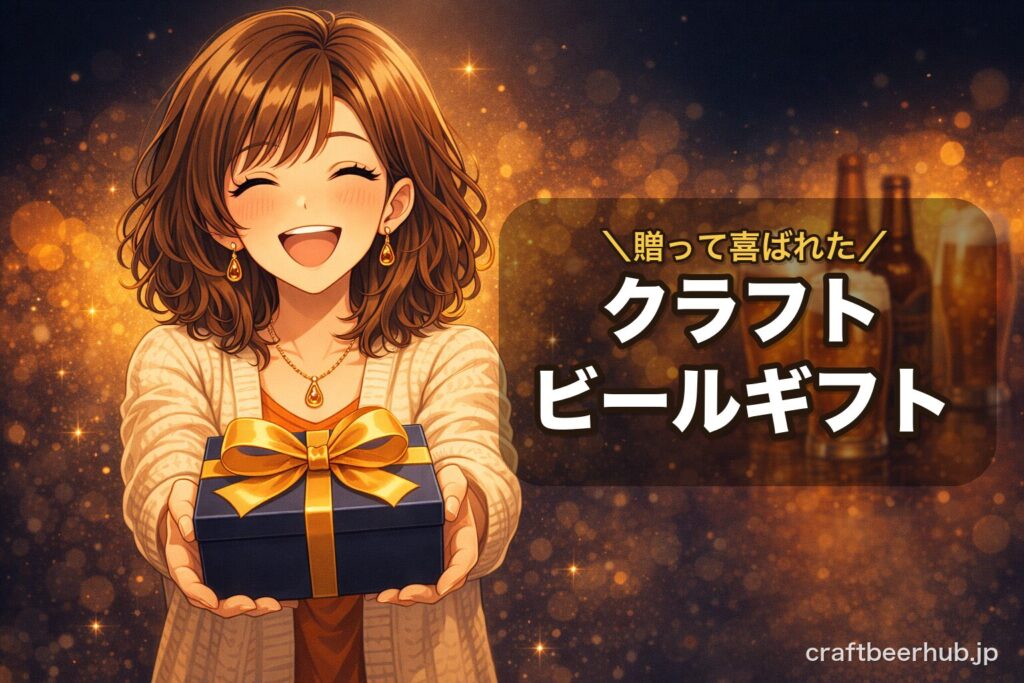 クラフトビールギフトのおすすめを紹介する、紺色に金のリボンをかけたギフトボックスを笑顔で差し出す女性のイラストと、背景に並ぶビールのグラス