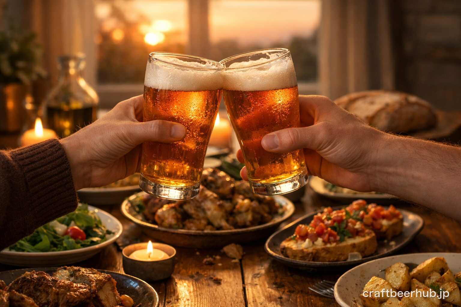 夕暮れの食卓でクラフトビールのグラスを軽く掲げて乾杯する温かい家飲みの情景