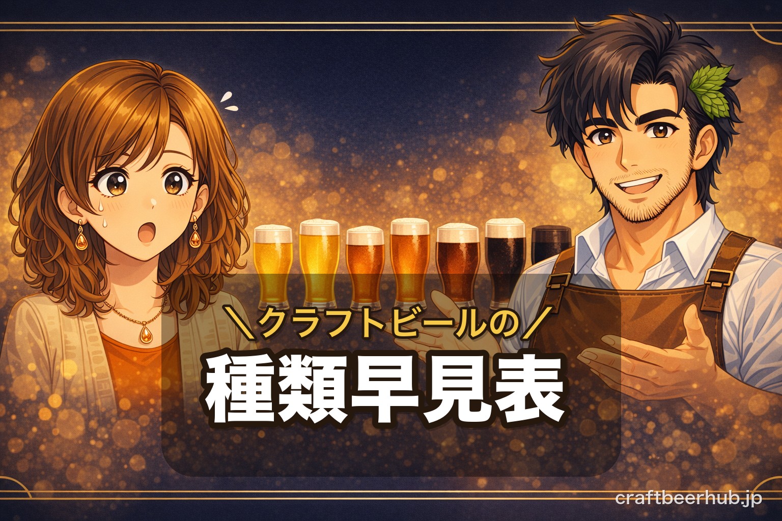 クラフトビールの種類を早見表で解説する記事のアイキャッチ。淡い黄金色から黒までのビールが並び、こはくと麦造がスタイルの違いを見比べている