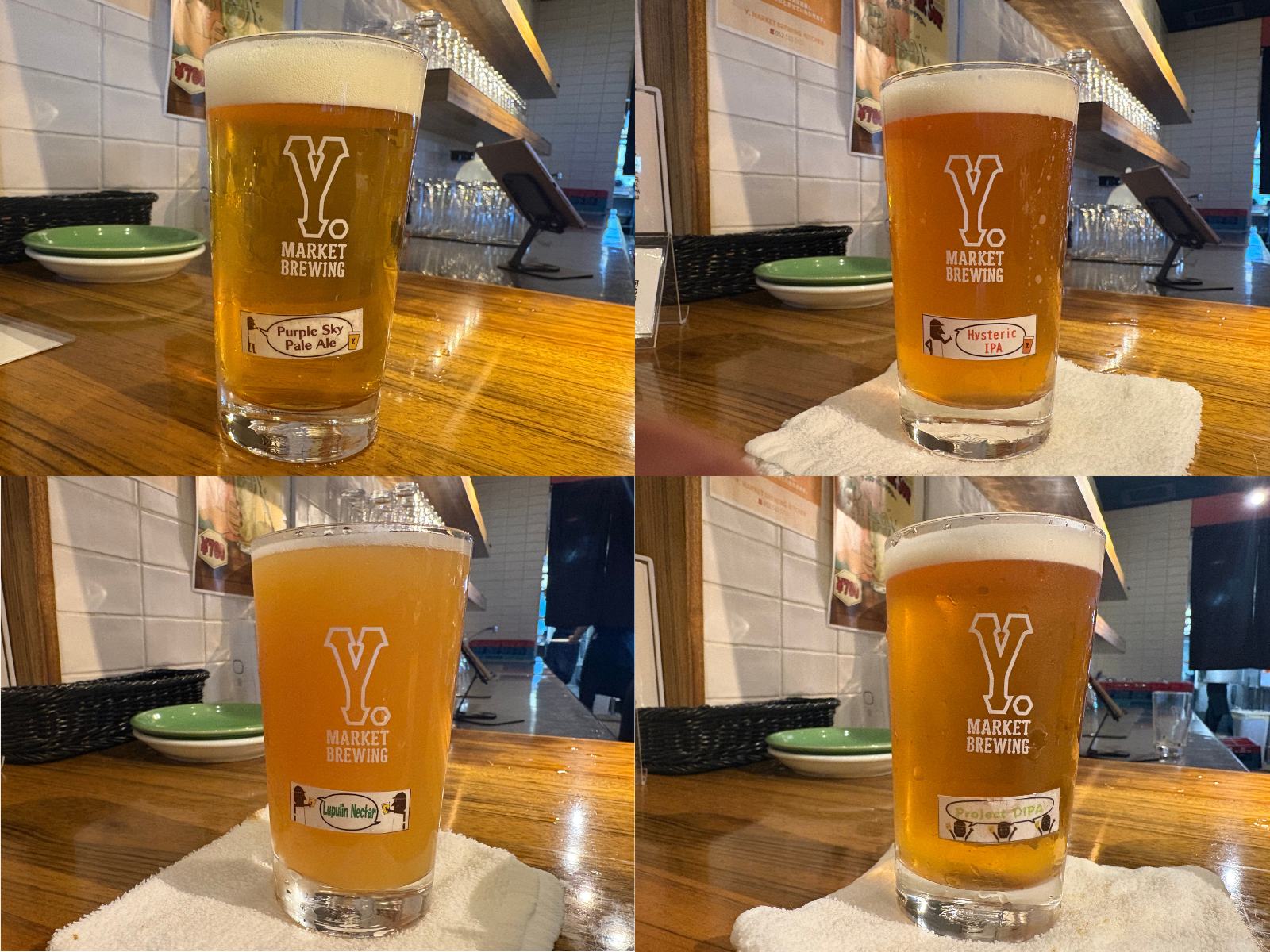 Y.MARKET BREWINGで飲んだ4杯を飲んだ順に並べた比較画像。パープルスカイペールエール、ヒステリックIPA、ルプリンネクター、プロジェクトDIPAの色の違いがわかる
