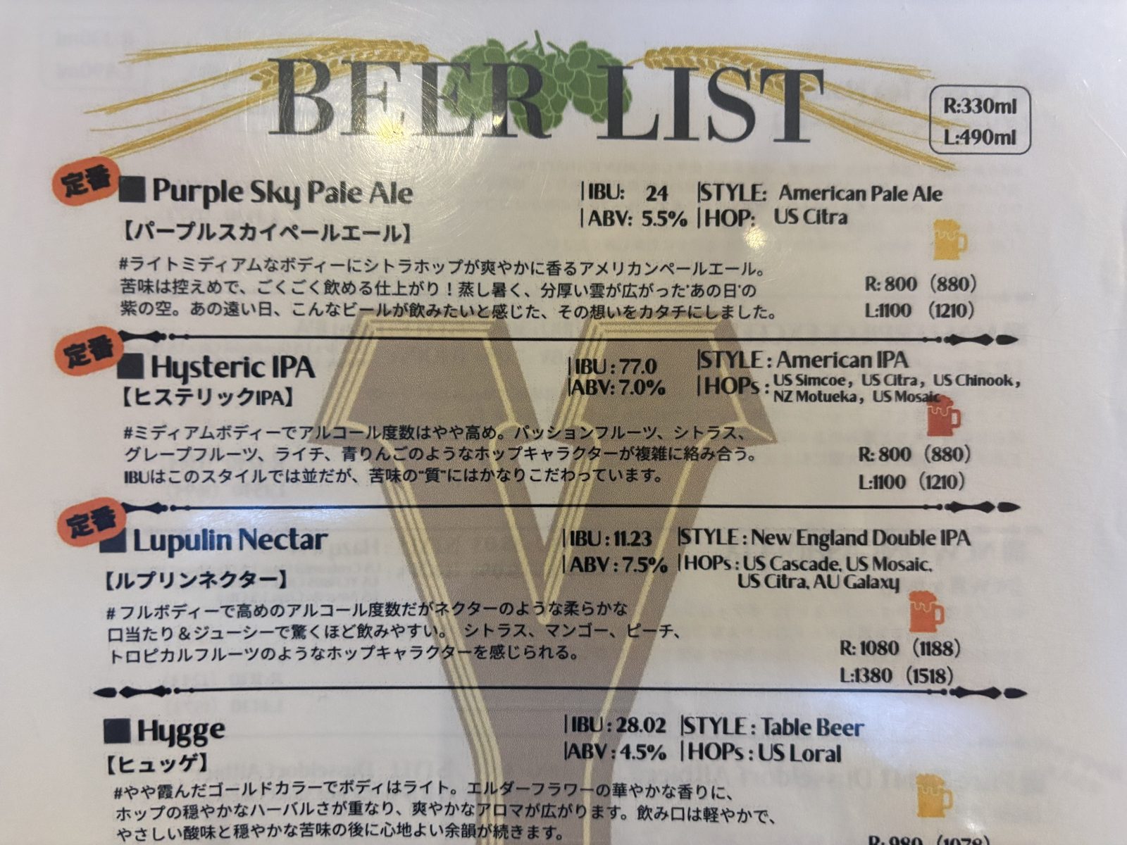 Y.MARKET BREWING KITCHENのビールリスト1枚目。パープルスカイ、ヒステリックIPA、ルプリンネクター、ヒュッゲのスペック表