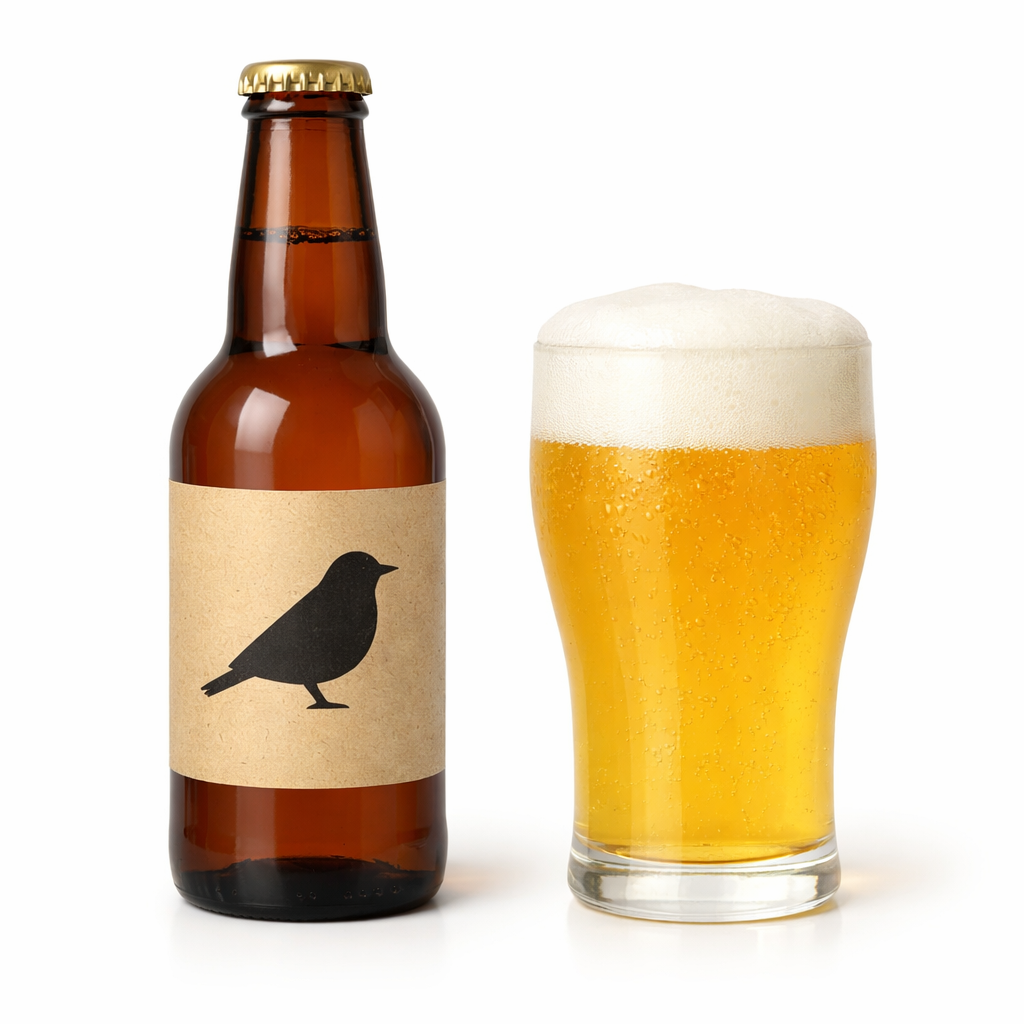 架空のクラフトビール銘柄イメージ（鳥シルエットラベル）とグラス
