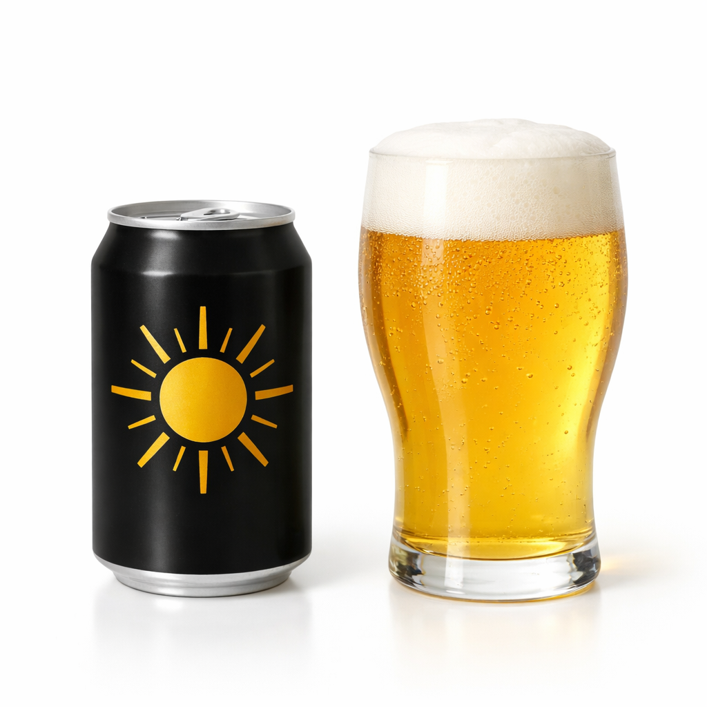 架空のクラフトビール銘柄イメージ（太陽モチーフの缶）とグラス