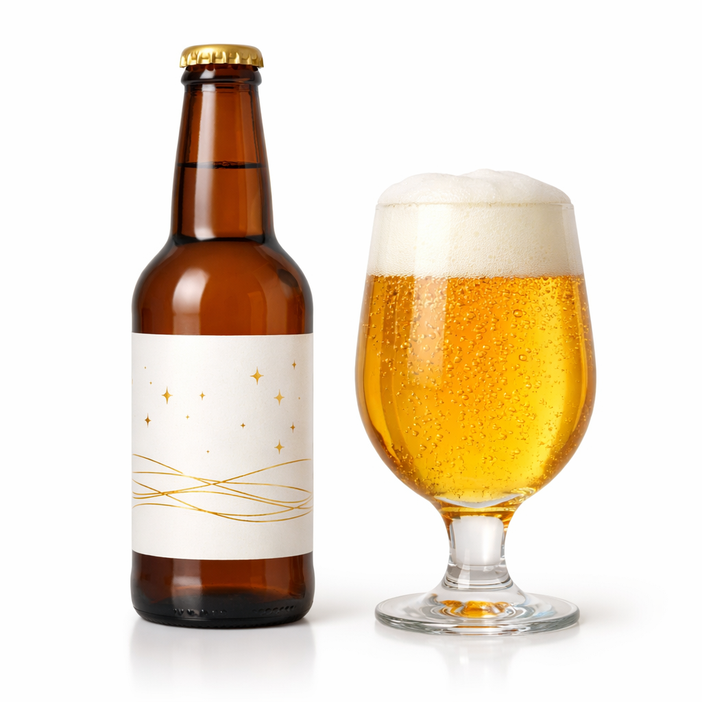 架空のクラフトビール銘柄イメージ（星モチーフラベル）とグラス