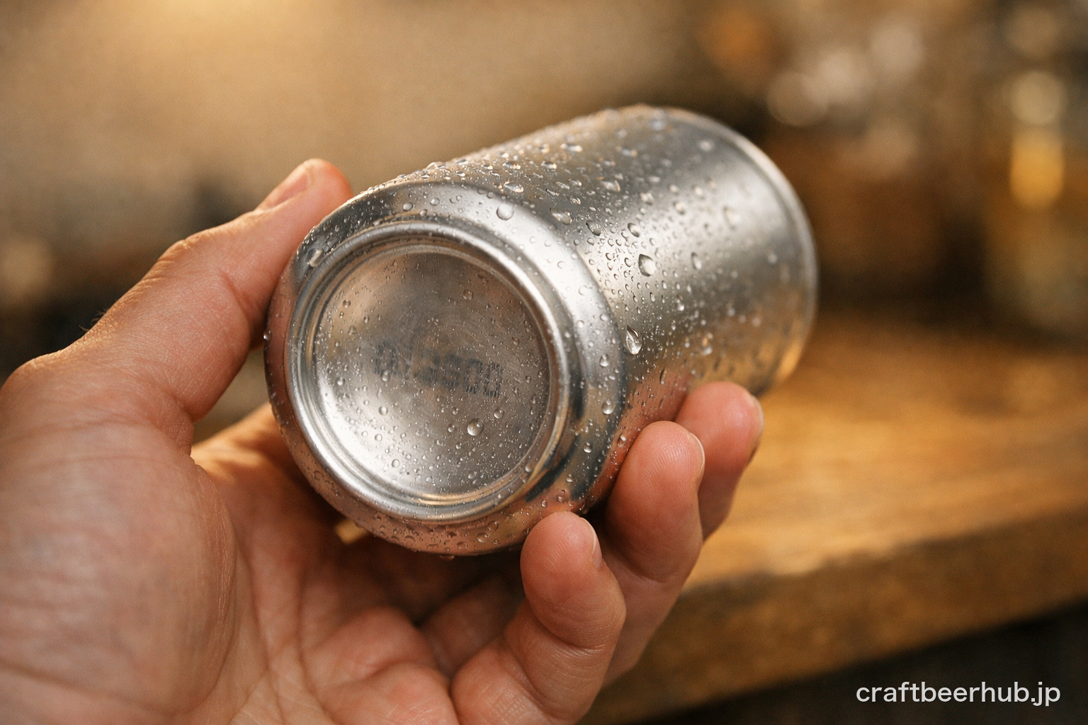 賞味期限の表示を確かめながらクラフトビールの缶を手に取る様子