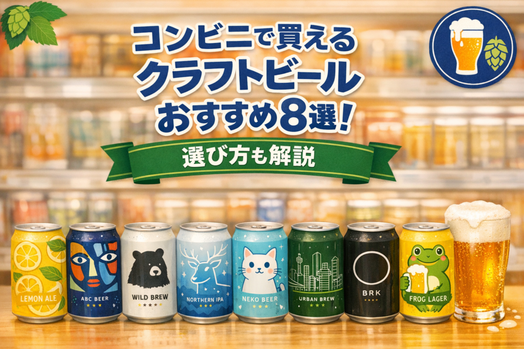 コンビニで買えるクラフトビールおすすめ8選のイメージ（架空デザインの缶8本とグラス）