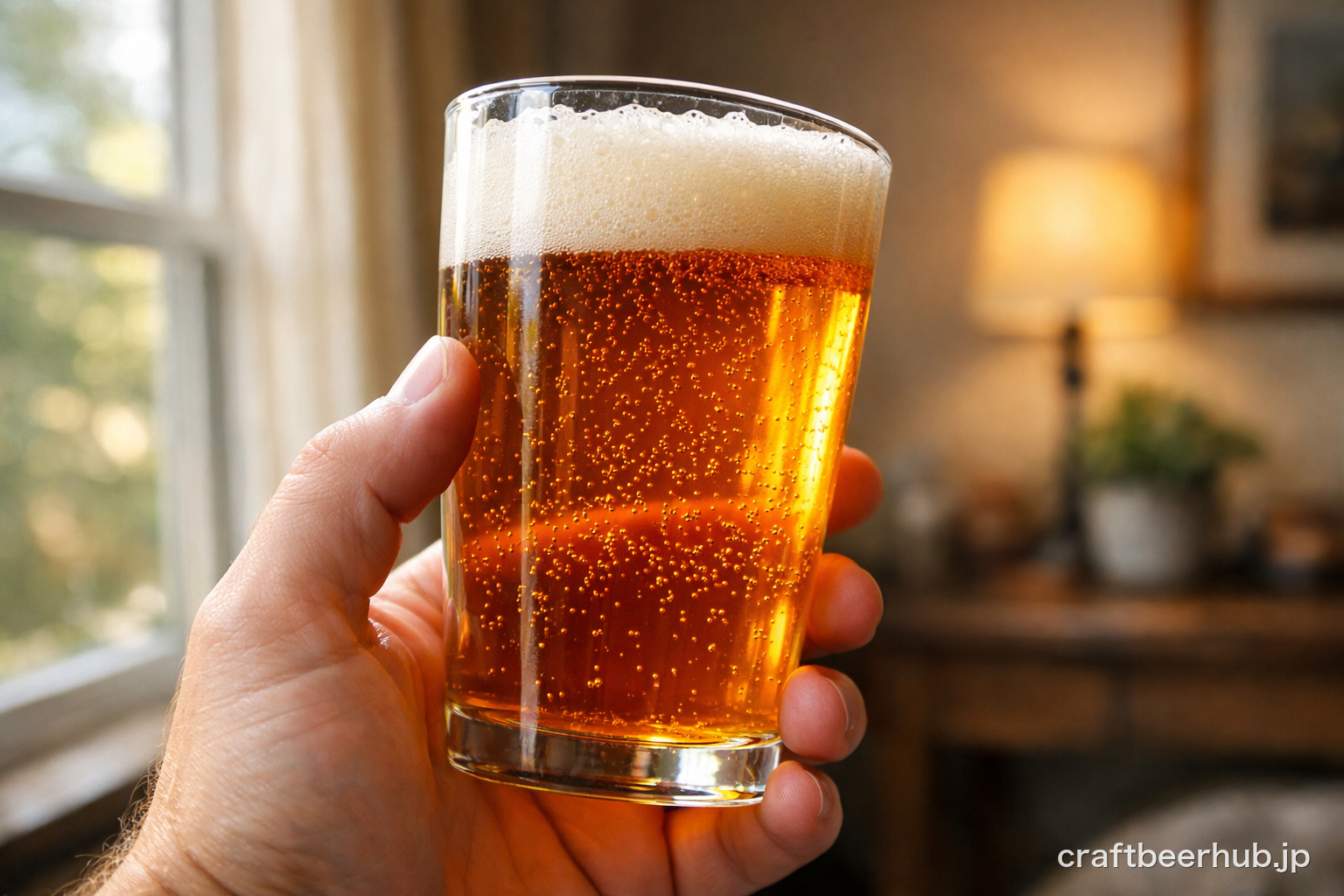注いだクラフトビールの色や泡を光にかざして確認している様子