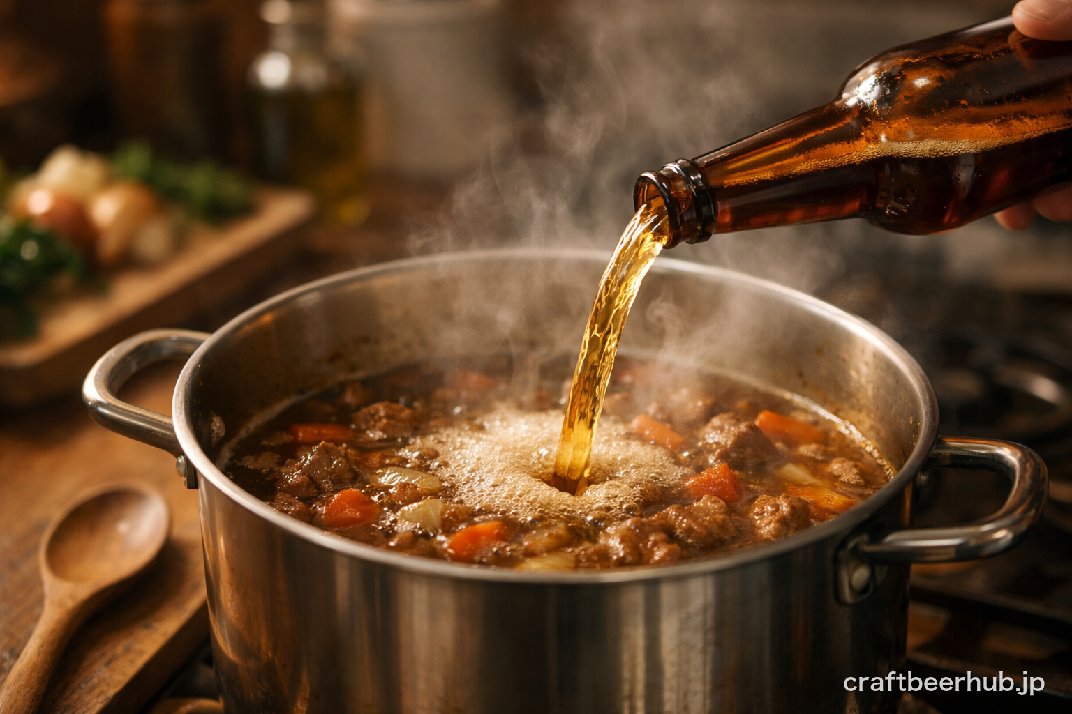 クラフトビールを煮込み料理の鍋に加えている様子