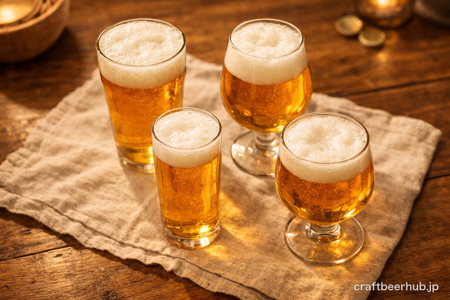 形の異なる4種のグラスに同じビールを注ぎ分けて並べた様子。飲み比べて自分好みの形を見つけるグラスセットを表す一枚