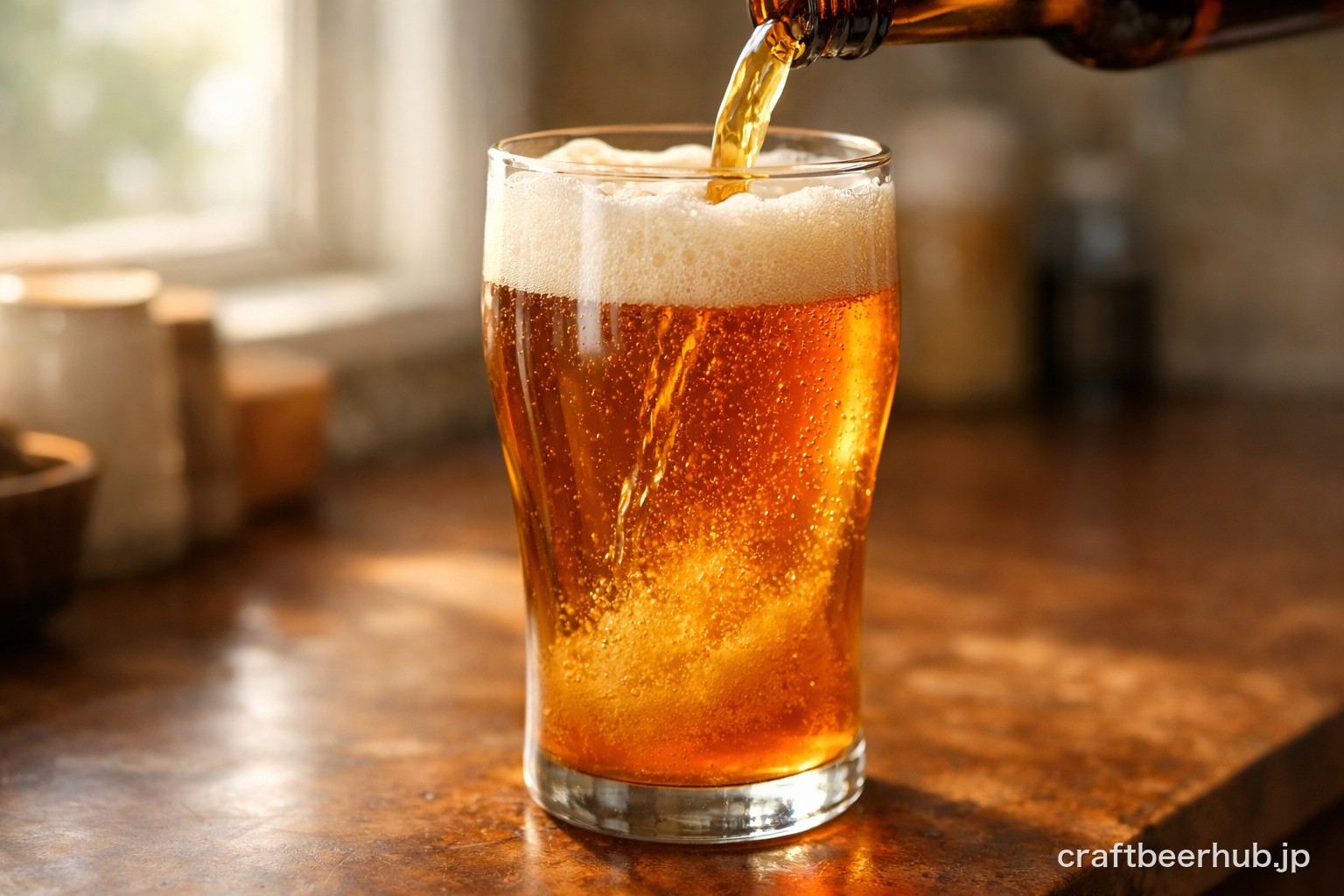 賞味期限を過ぎたクラフトビールをグラスに注いで確認している様子