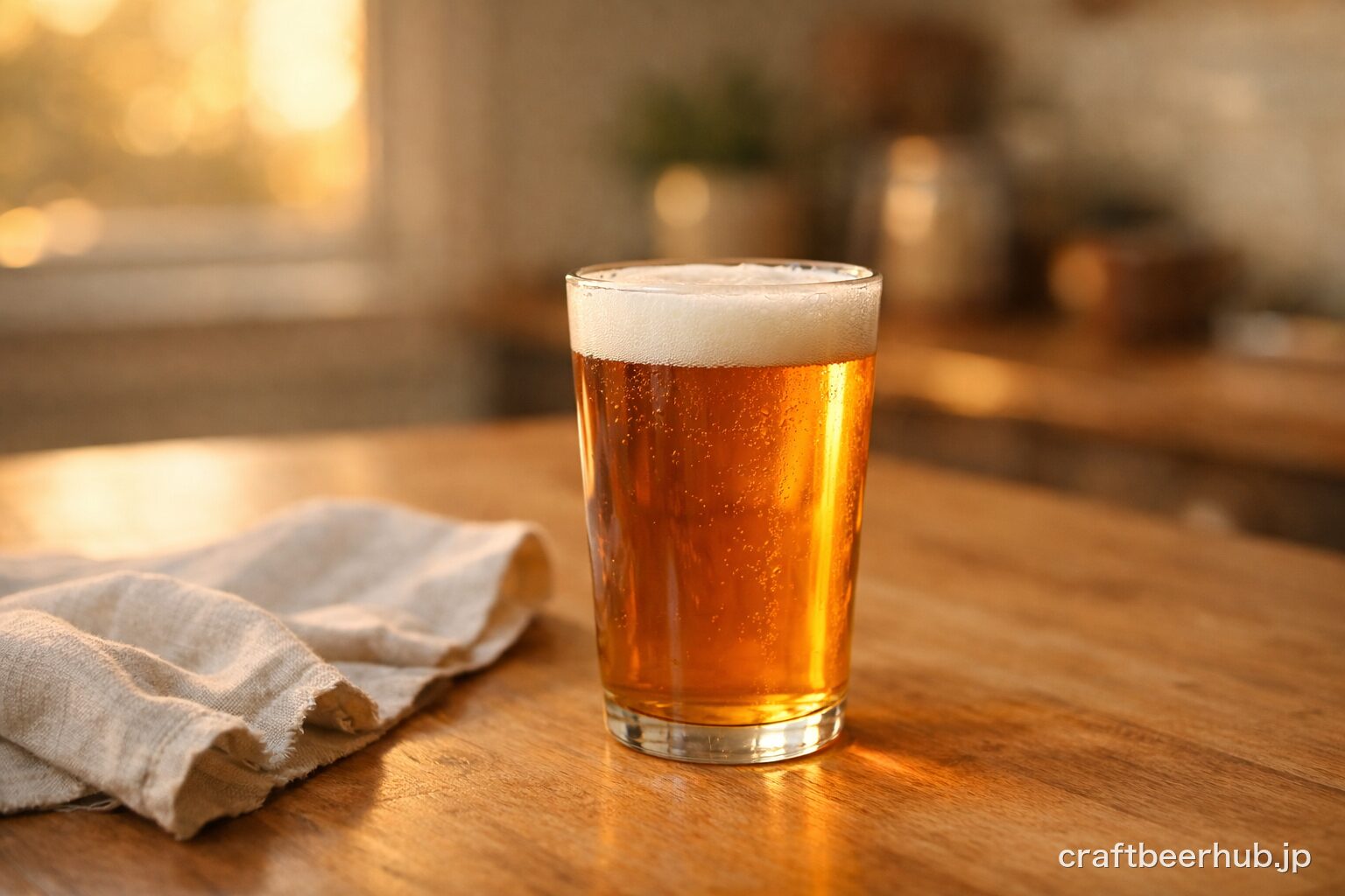 木のテーブルに置かれたシンプルなパイントグラスに注がれた琥珀色のクラフトビール。汎用性重視の1脚を表す様子