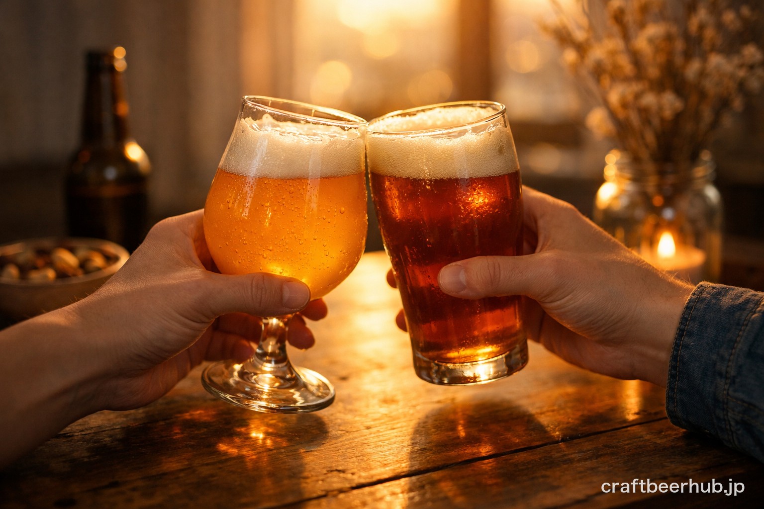 夕暮れのテーブルで乾杯するクラフトビールのグラス