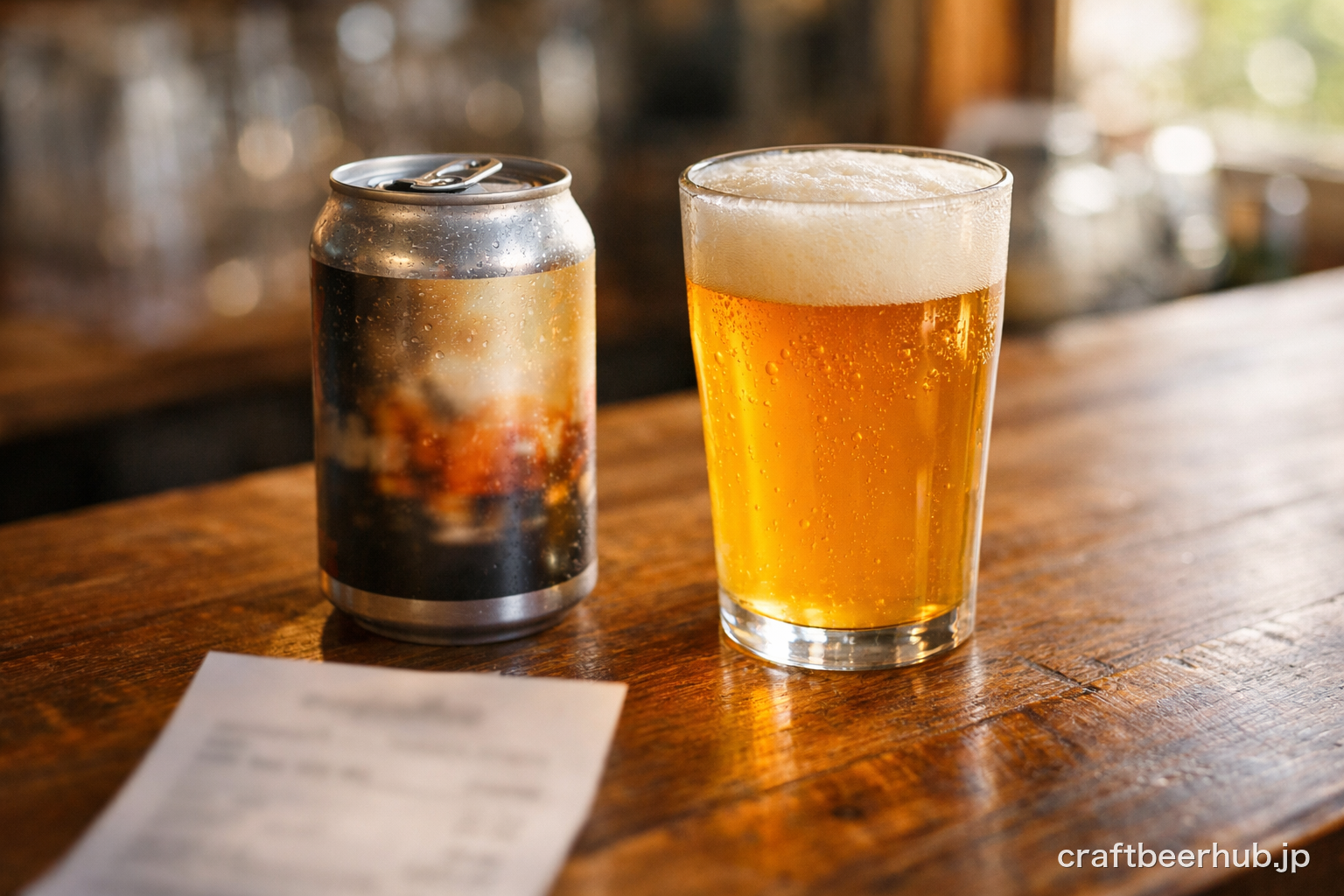 木製カウンターに缶ビールとグラスに注がれたクラフトビールが並ぶ様子