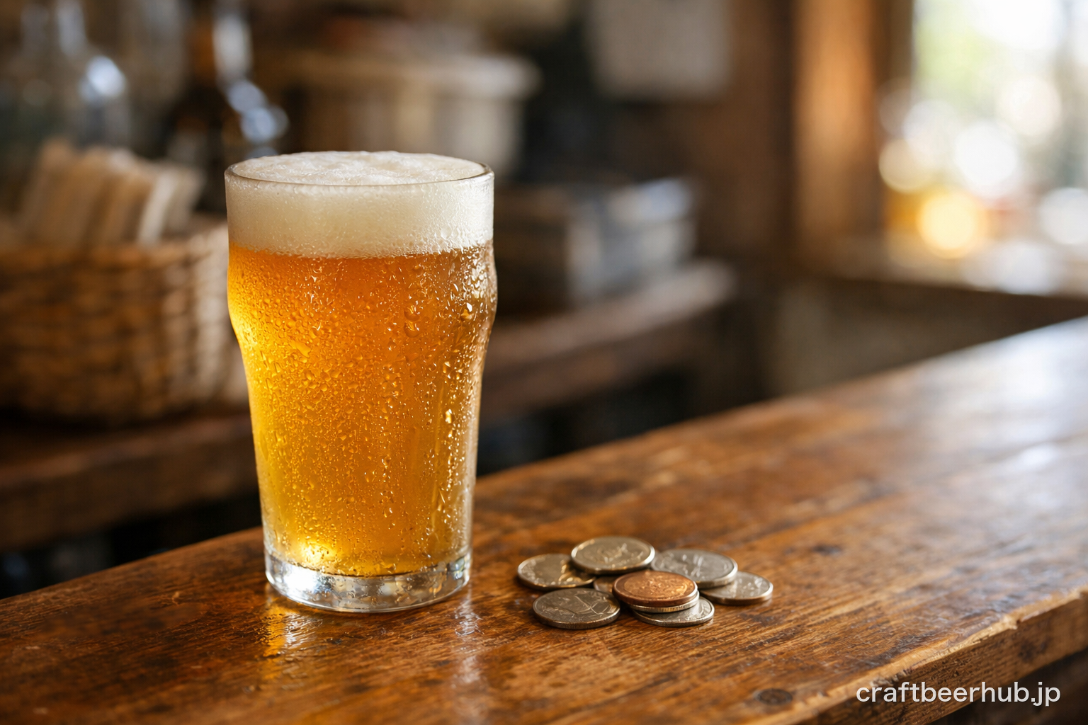 木のカウンターに置かれたクラフトビールのグラスと硬貨
