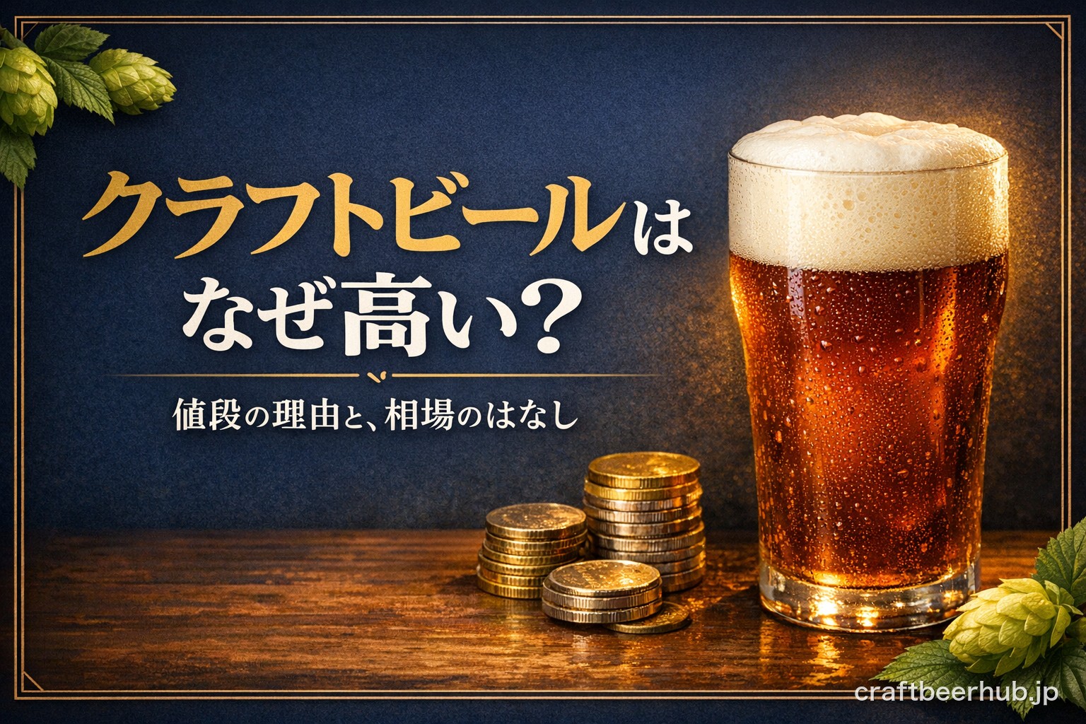 クラフトビールの値段が高い理由を解説する記事のアイキャッチ画像。琥珀色のクラフトビールのグラスと硬貨をあしらった、紺色と金色基調のデザイン。