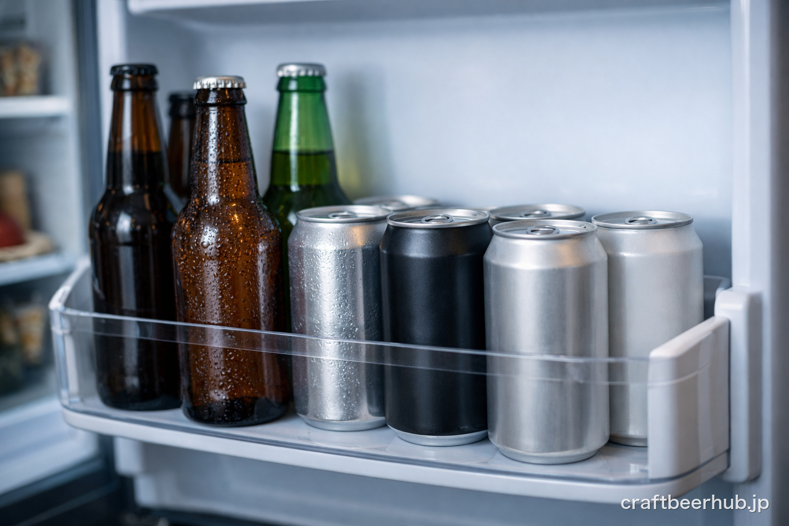 冷蔵庫にクラフトビールを丁寧に並べて保存している様子