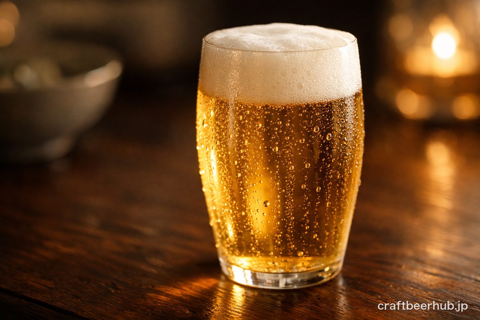 結露をまとった極薄のうすはりグラスに注がれた淡い金色のビール。口当たりの違いを楽しむ特別な1脚を表す様子