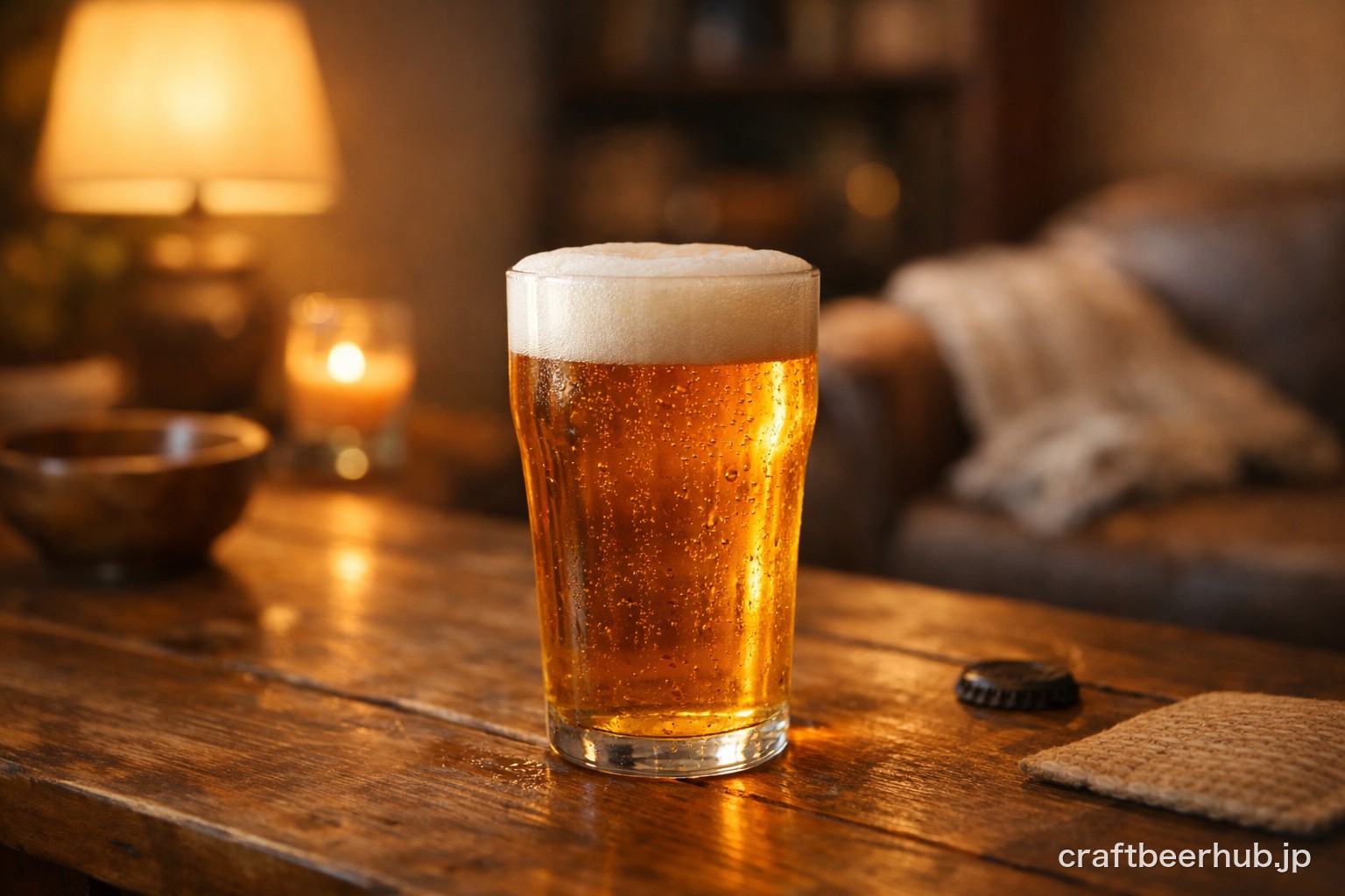 涼しい部屋でクラフトビールをゆっくり味わう落ち着いた情景