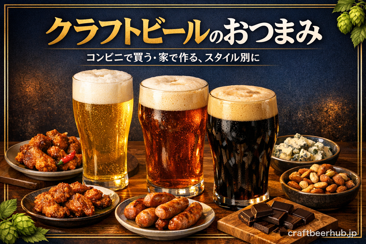 クラフトビールに合うおつまみをスタイル別に紹介する記事のアイキャッチ画像。色の違うクラフトビールのグラスとフライドチキン・ソーセージ・チーズ・ナッツ・チョコレートを並べた、紺色と金色基調のデザイン。