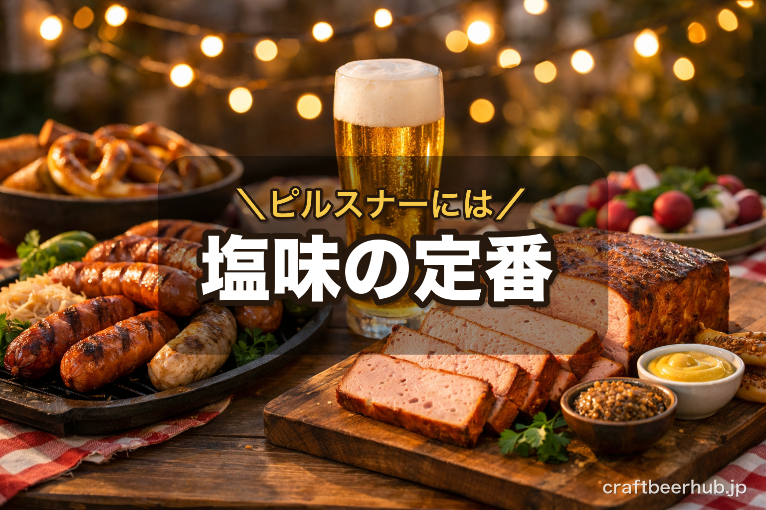 パーティーのテーブルに並んだソーセージと四角く切った肉料理、黄金色のピルスナーのグラス
